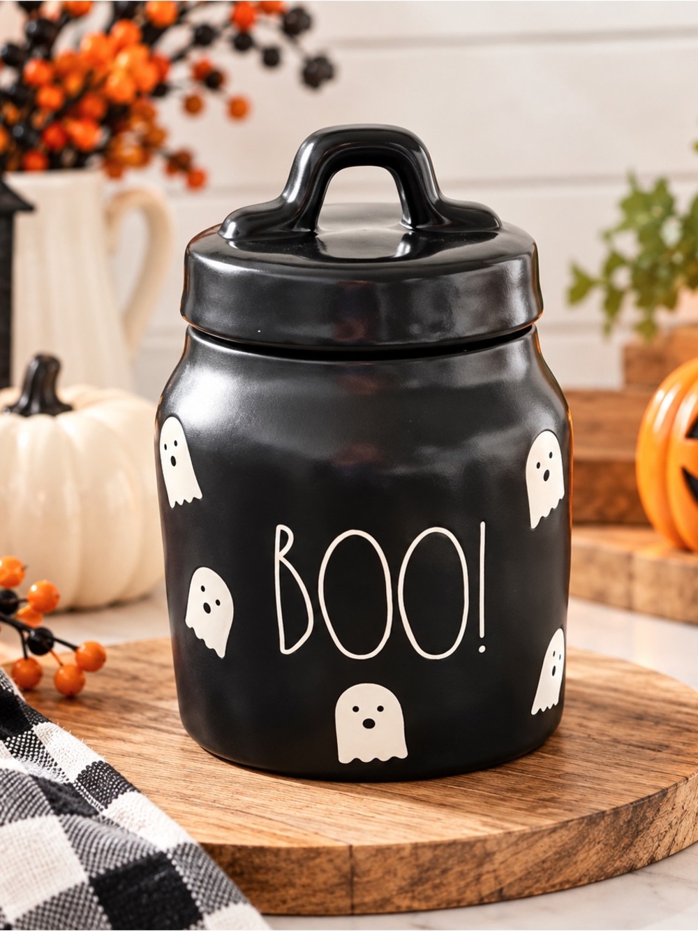 NEW Rae Dunn Black Small Ceramic Canister With 'Boo' and ghost design.